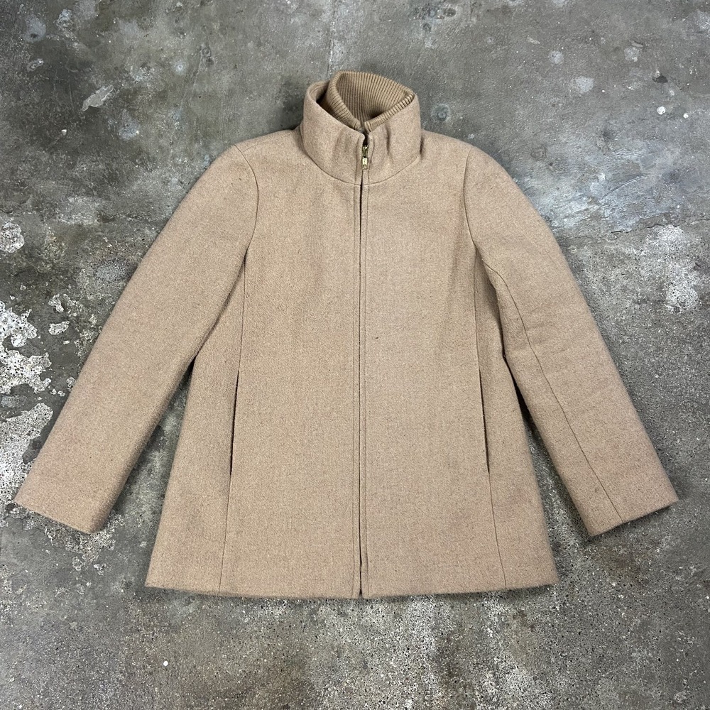 J.Crew Wool Jacket Women's Size 2P Beige Ribbed Mock Neck Full Zip Coat